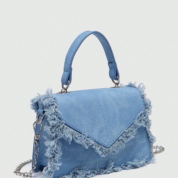 Blue Fashionable Women's Fringed Small Square Chain Crossbody Shoulder Bag - Picture 2 of 9